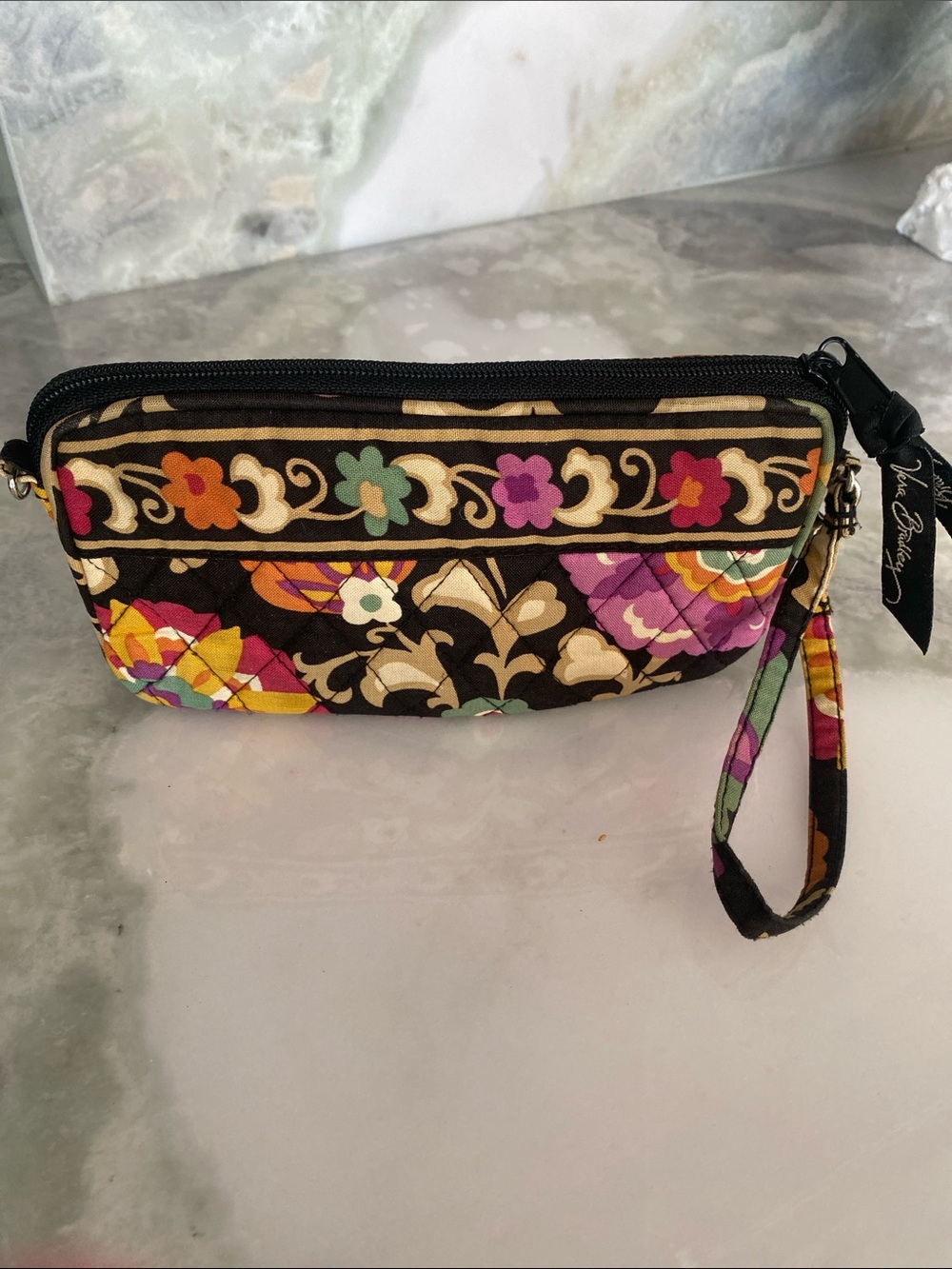 Vera Bradley Black Quilted Floral Wristlet with Multicolor Flowers